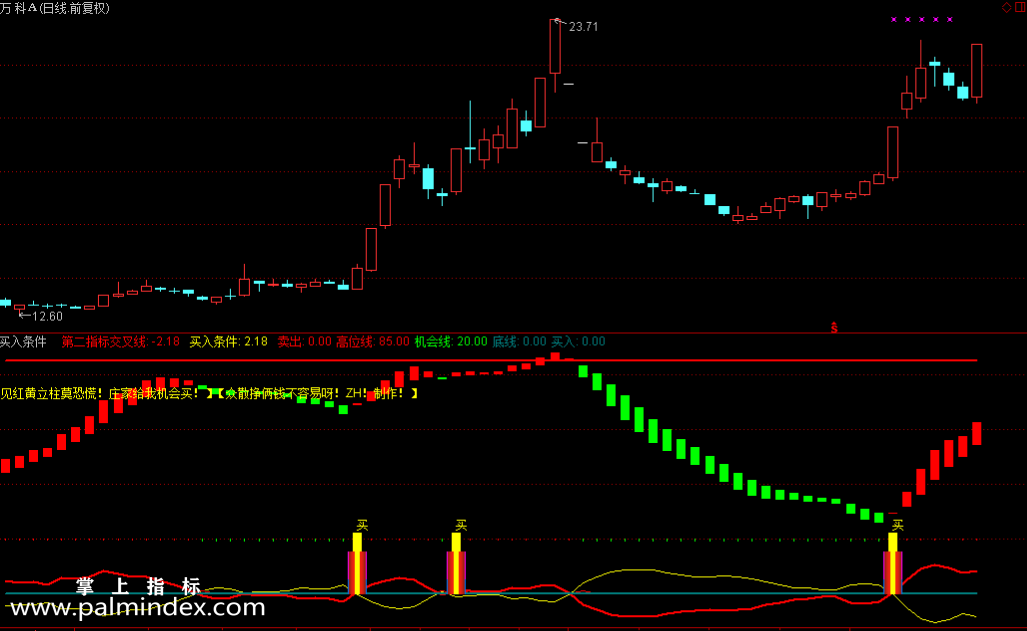 【通达信指标】买入条件-红色柱在20%区间关注莫恐慌，跟庄走副图选股指标公式（含手机版）